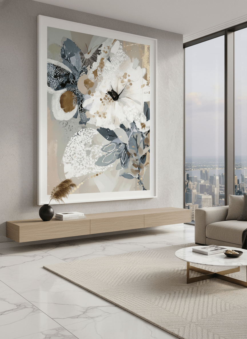 Monumental artwork centred on a feature wall in a luxe interior