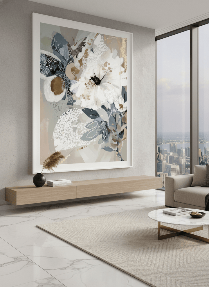 Monumental artwork centred on a feature wall in a luxe interior