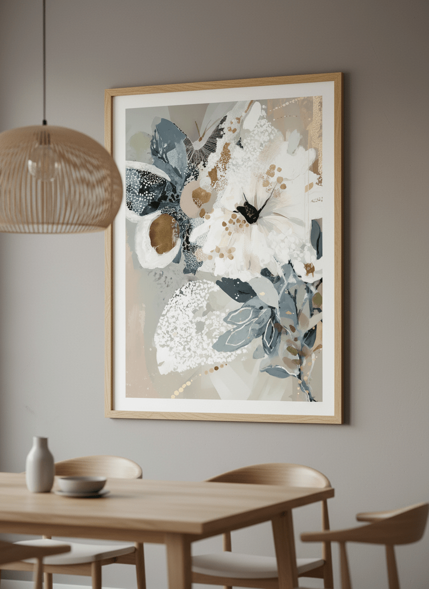 Wall art styled above a dining table in a contemporary home