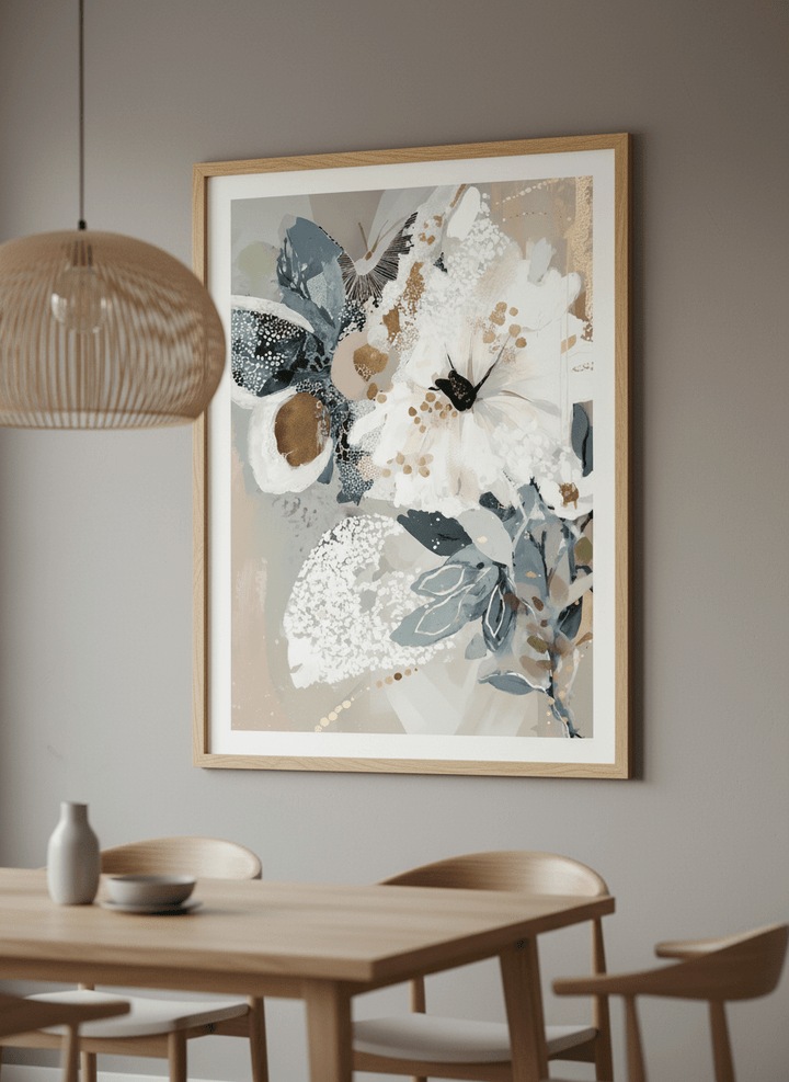 Wall art styled above a dining table in a contemporary home