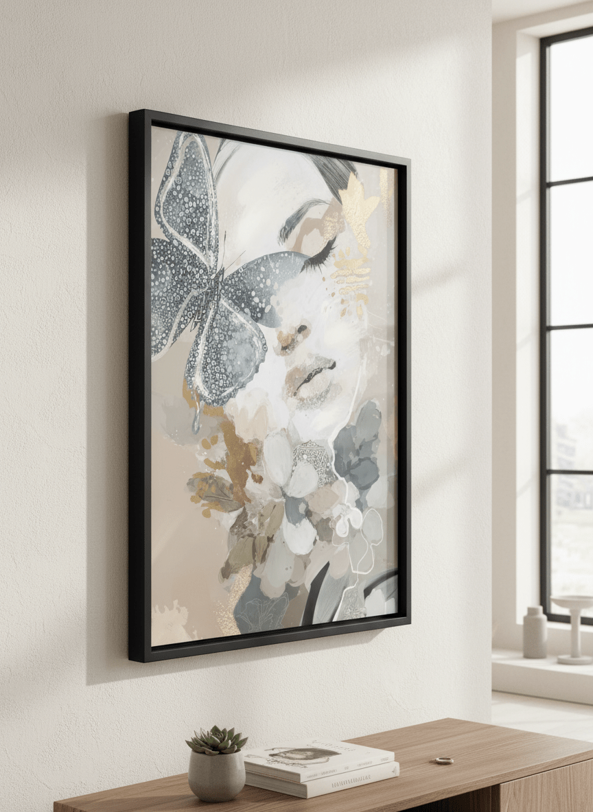 Modern wall art styled above a sofa in a neutral living room