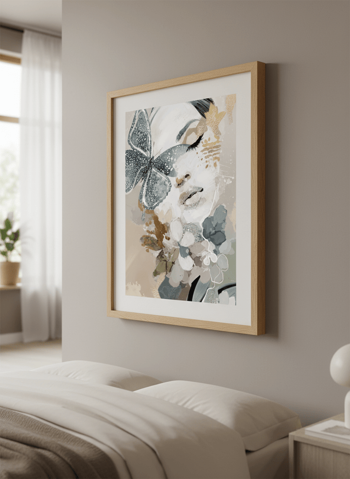 Minimalist artwork displayed in a calm, light-filled bedroom interior