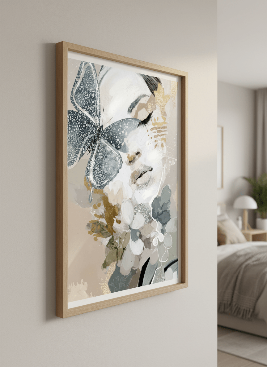 Minimalist artwork displayed in a calm, light-filled bedroom interior