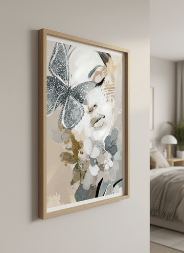 Minimalist artwork displayed in a calm, light-filled bedroom interior