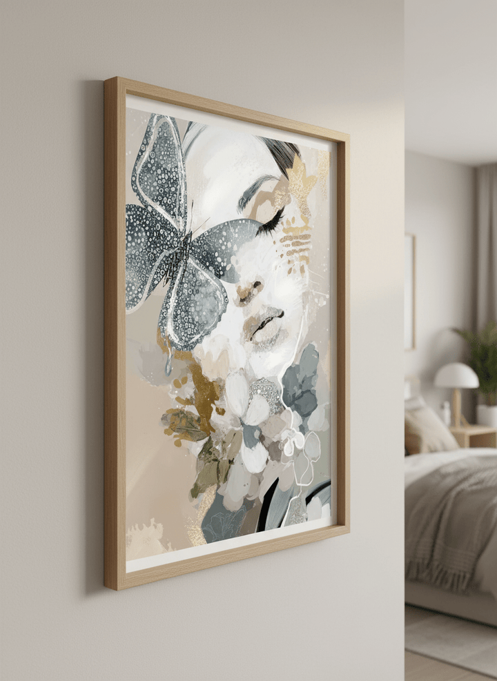 Minimalist artwork displayed in a calm, light-filled bedroom interior
