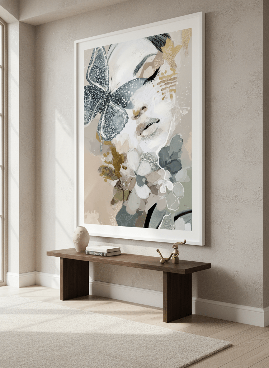 Monumental artwork centred on a feature wall in a luxe interior