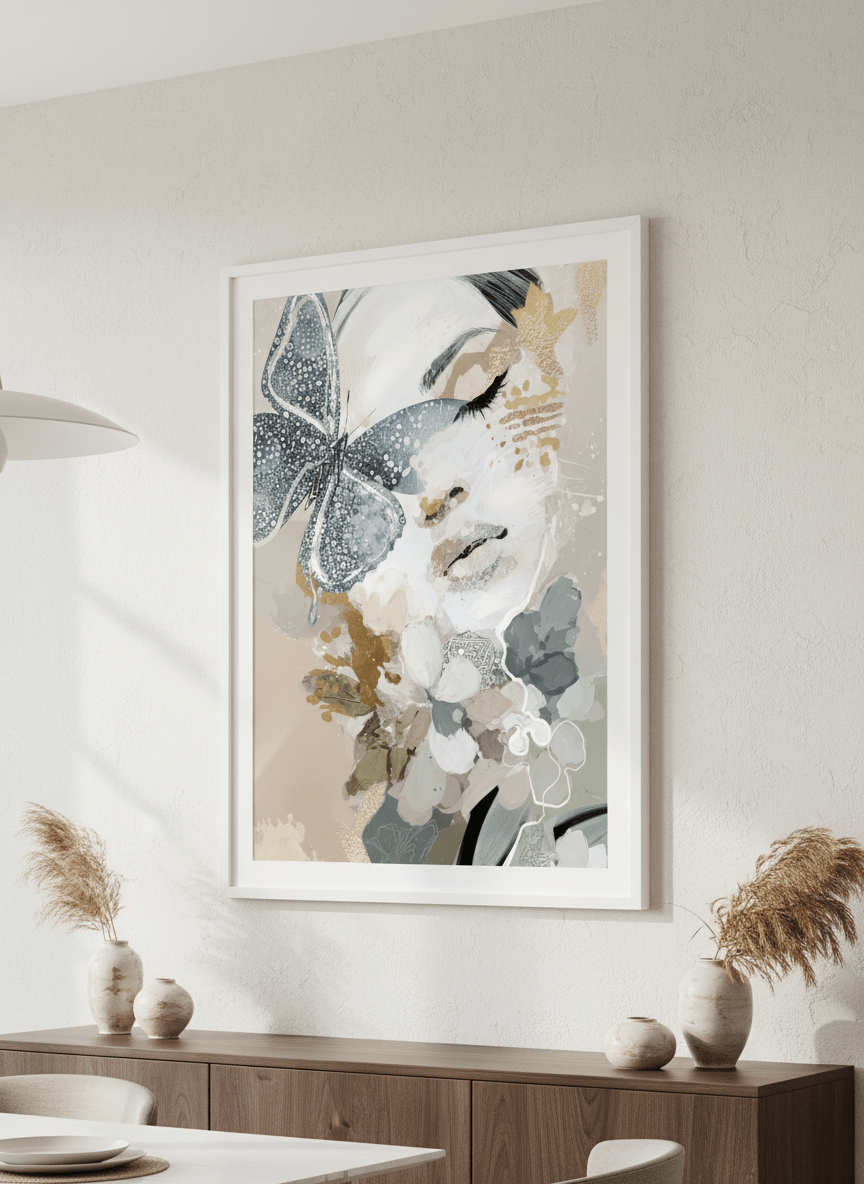 Wall art styled above a dining table in a contemporary home