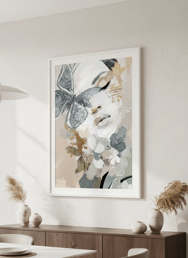 Wall art styled above a dining table in a contemporary home