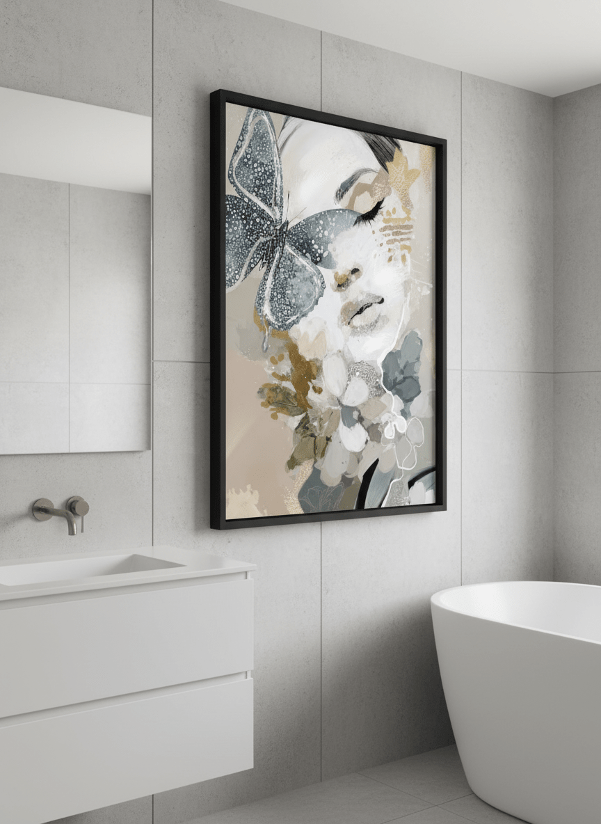 Modern print displayed in a clean minimalist bathroom setting