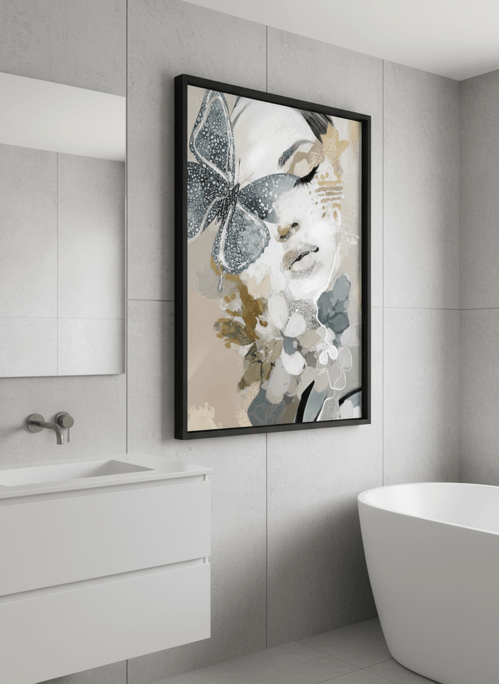 Modern print displayed in a clean minimalist bathroom setting