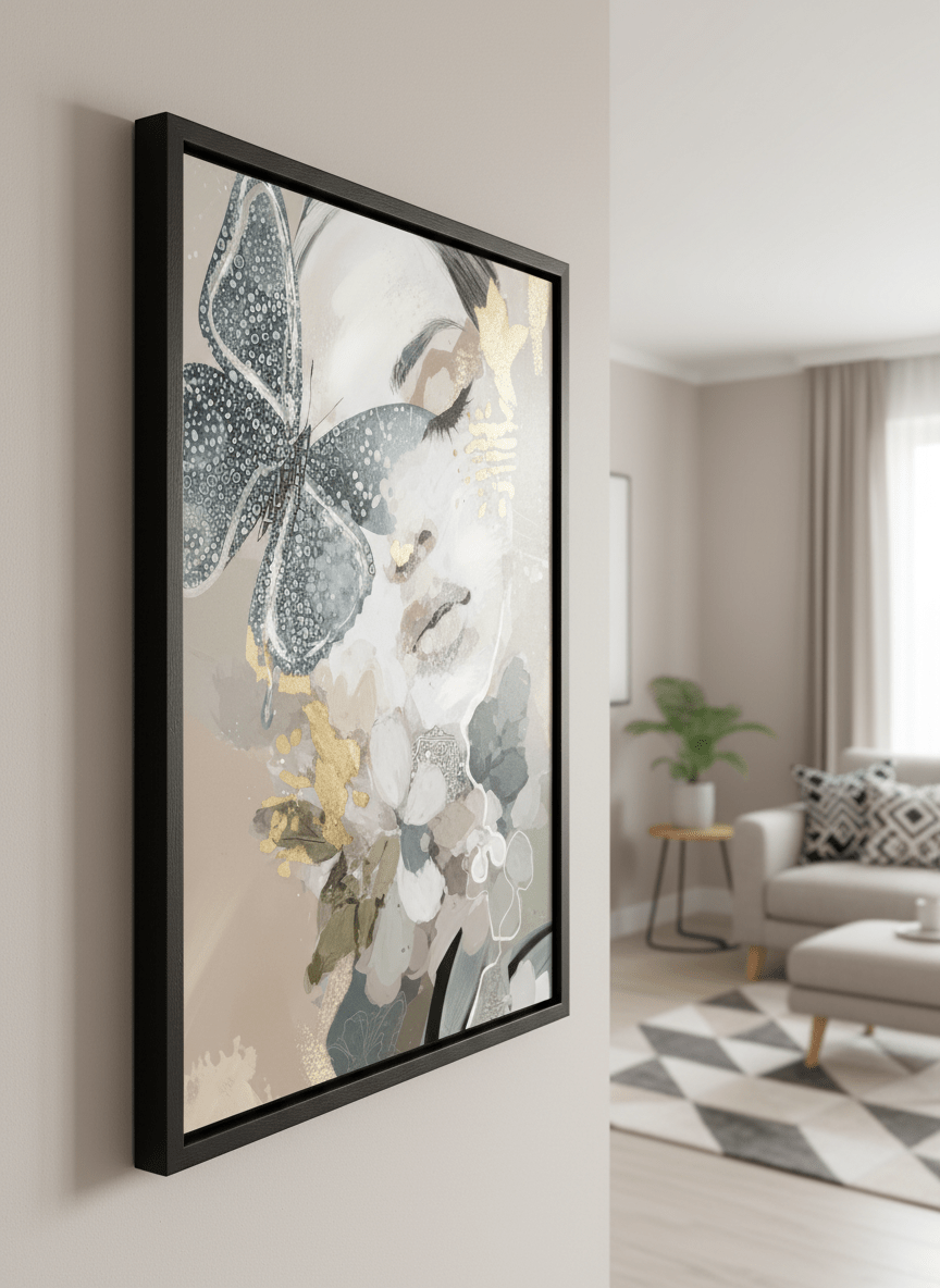 Modern wall art styled above a sofa in a neutral living room