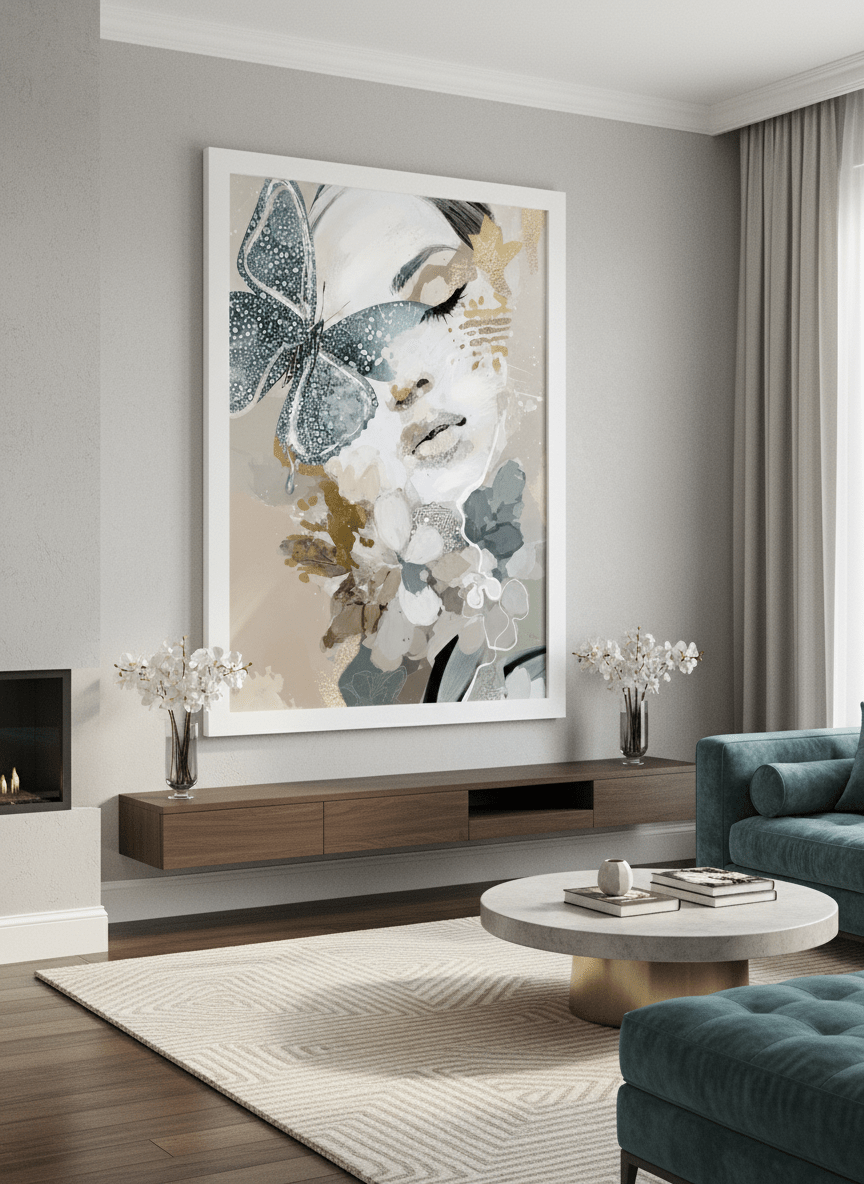 Monumental artwork centred on a feature wall in a luxe interior
