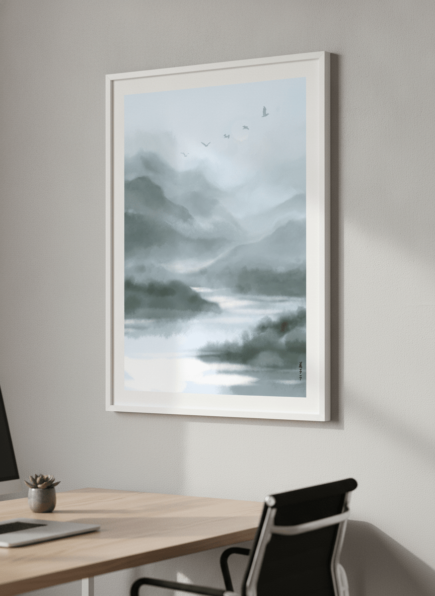 Contemporary wall art featured in a bright modern office workspace