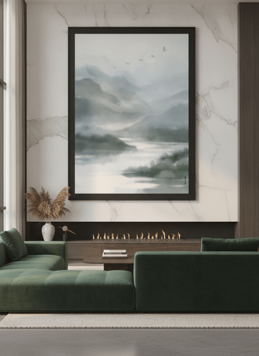 Monumental artwork centred on a feature wall in a luxe interior