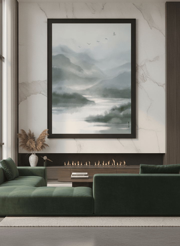 Monumental artwork centred on a feature wall in a luxe interior