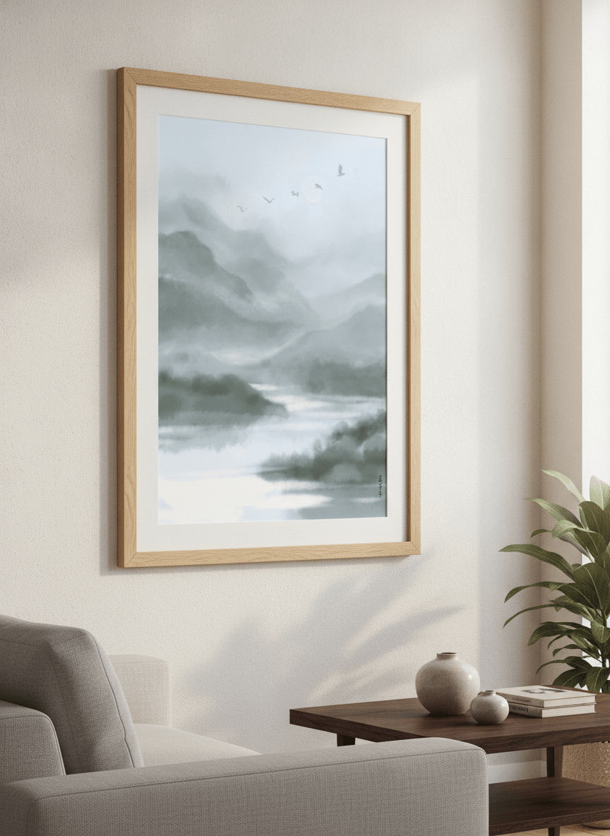 Modern wall art styled above a sofa in a neutral living room