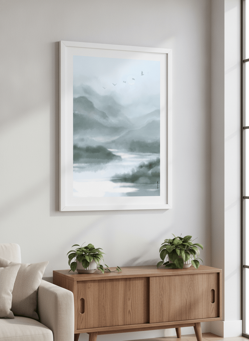 Artwork displayed above a credenza in a real-looking contemporary home