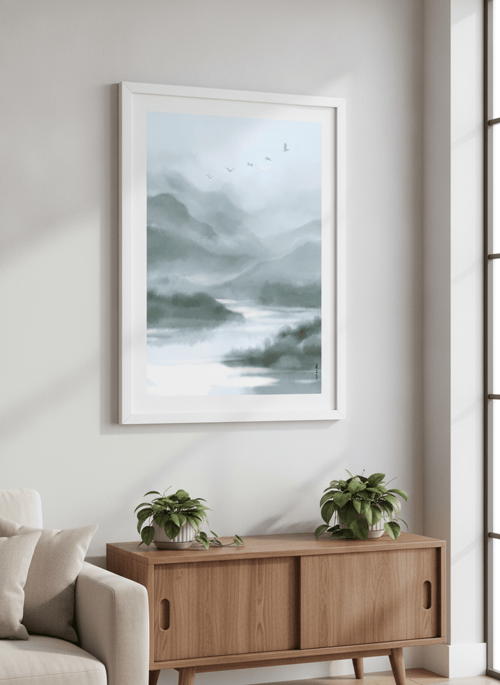 Artwork displayed above a credenza in a real-looking contemporary home