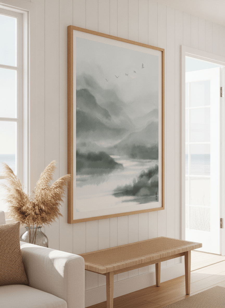 Neutral wall art displayed in a sunny coastal beach house