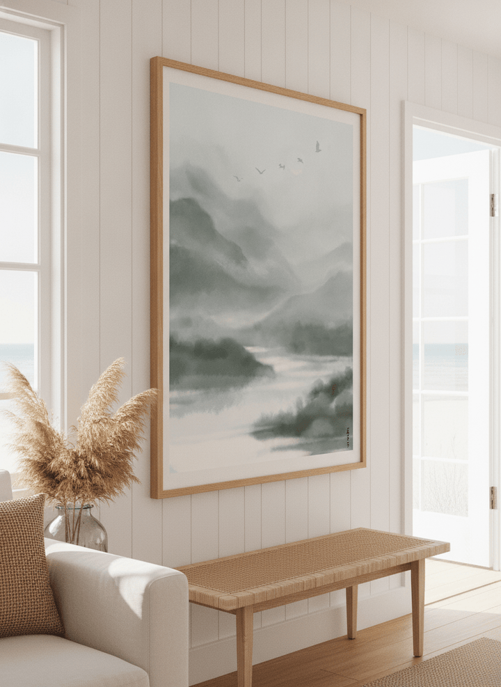 Neutral wall art displayed in a sunny coastal beach house