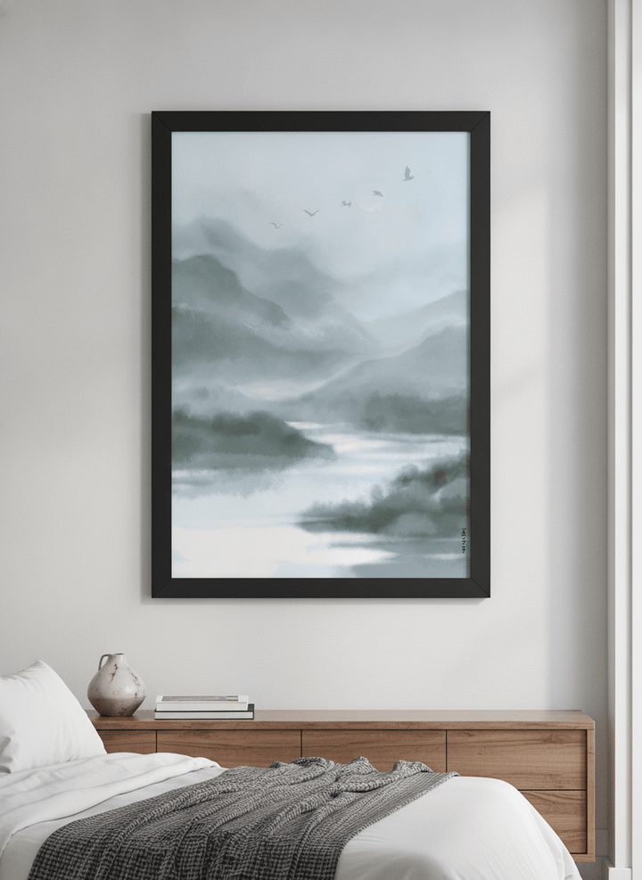 Minimalist artwork displayed in a calm, light-filled bedroom interior