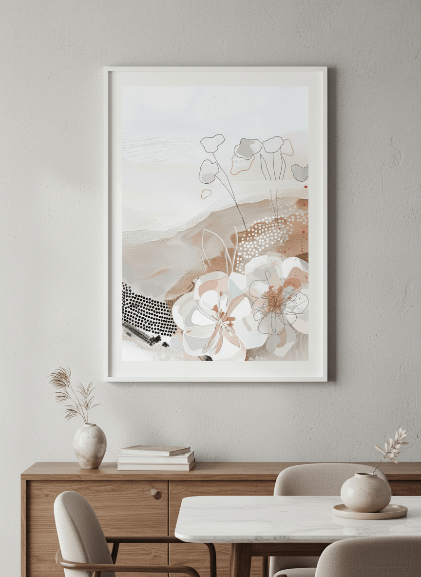 Wall art styled above a dining table in a contemporary home