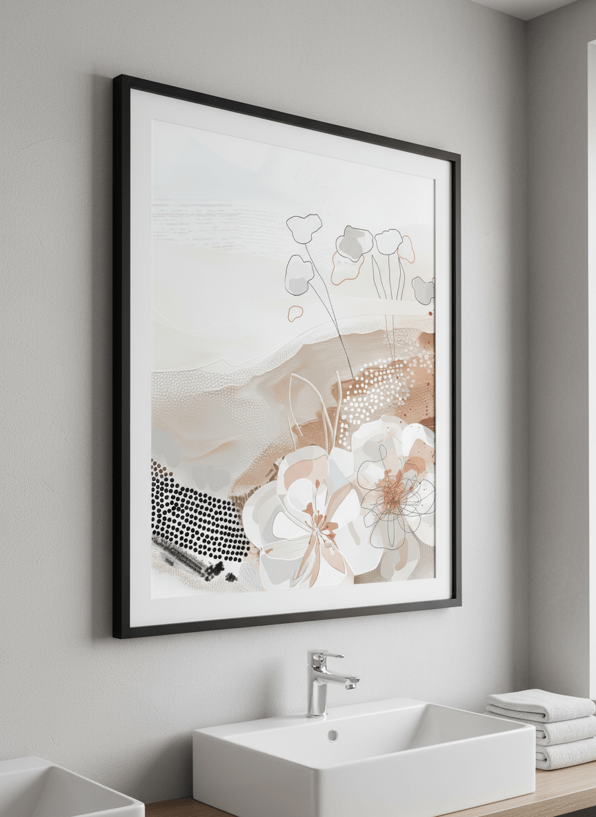 Modern print displayed in a clean minimalist bathroom setting