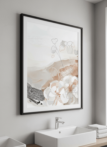 Modern print displayed in a clean minimalist bathroom setting