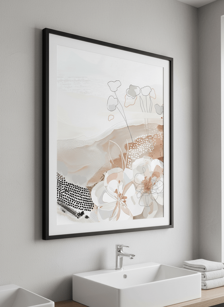 Modern print displayed in a clean minimalist bathroom setting