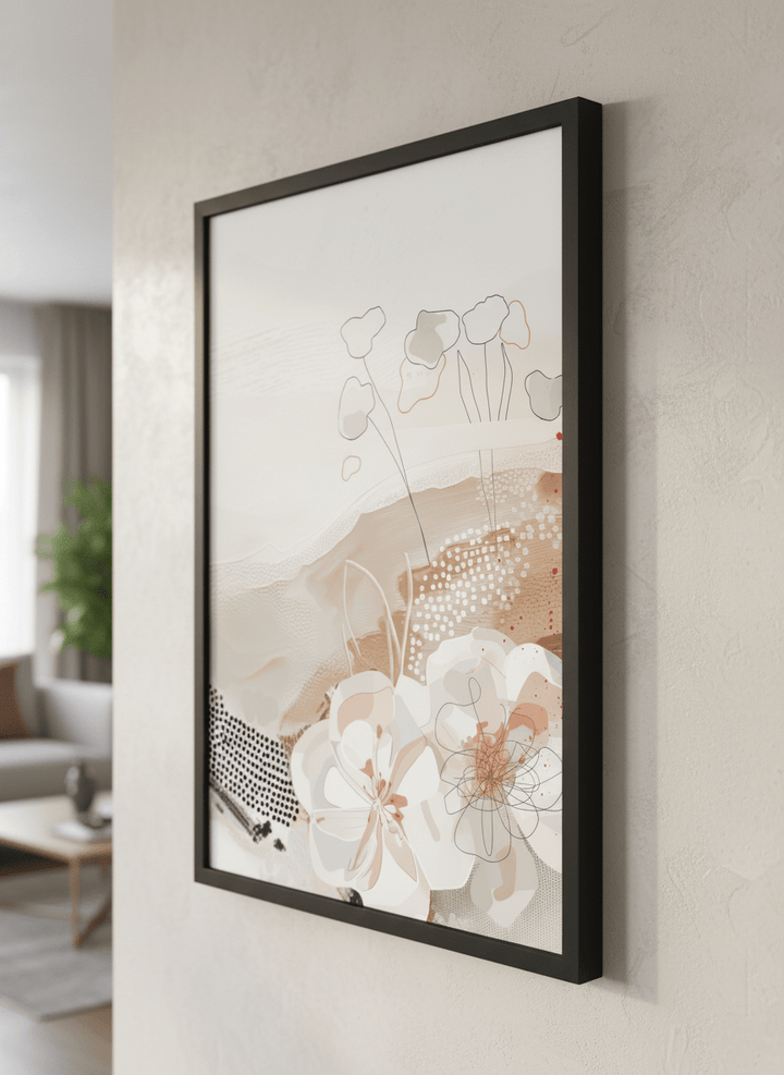 Modern wall art styled above a sofa in a neutral living room