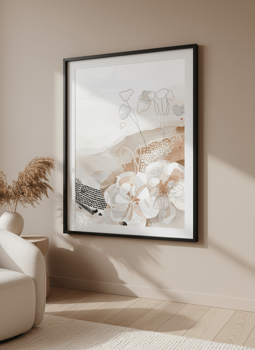 Modern wall art styled above a sofa in a neutral living room