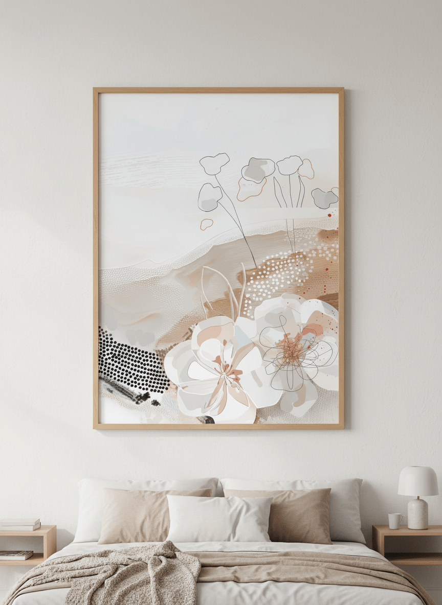 Minimalist artwork displayed in a calm, light-filled bedroom interior