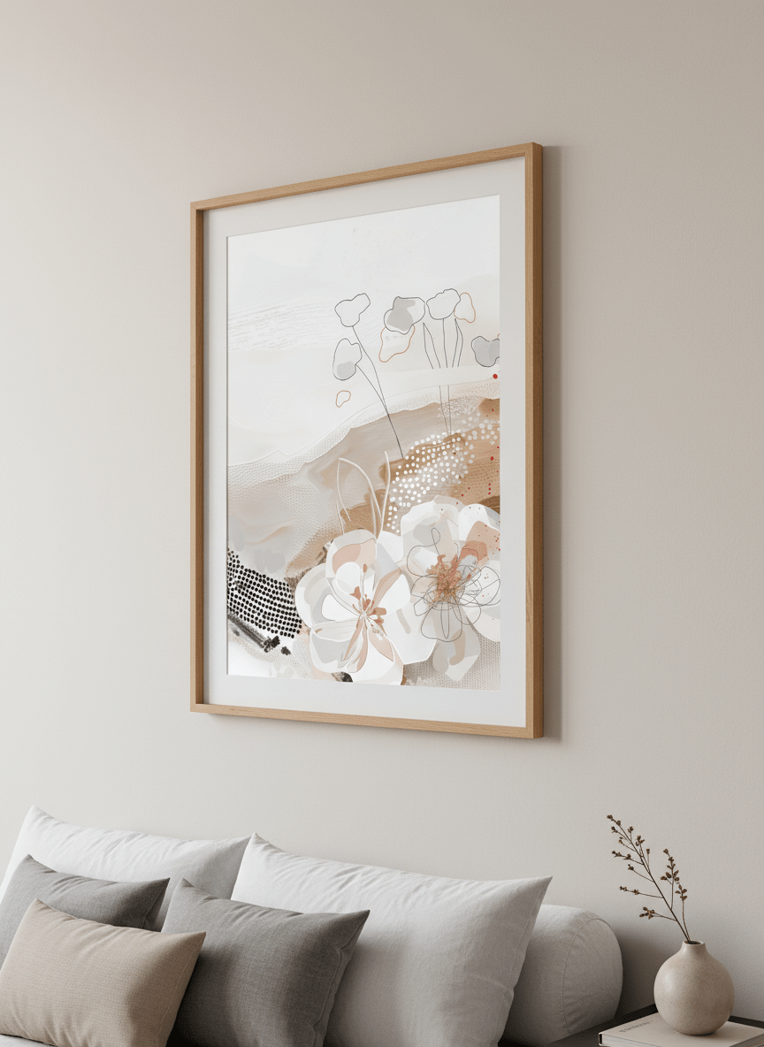 Minimalist artwork displayed in a calm, light-filled bedroom interior