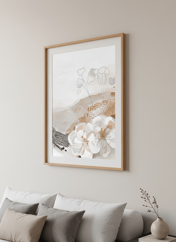 Minimalist artwork displayed in a calm, light-filled bedroom interior