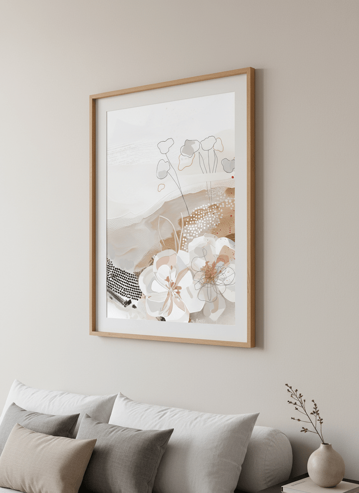 Minimalist artwork displayed in a calm, light-filled bedroom interior