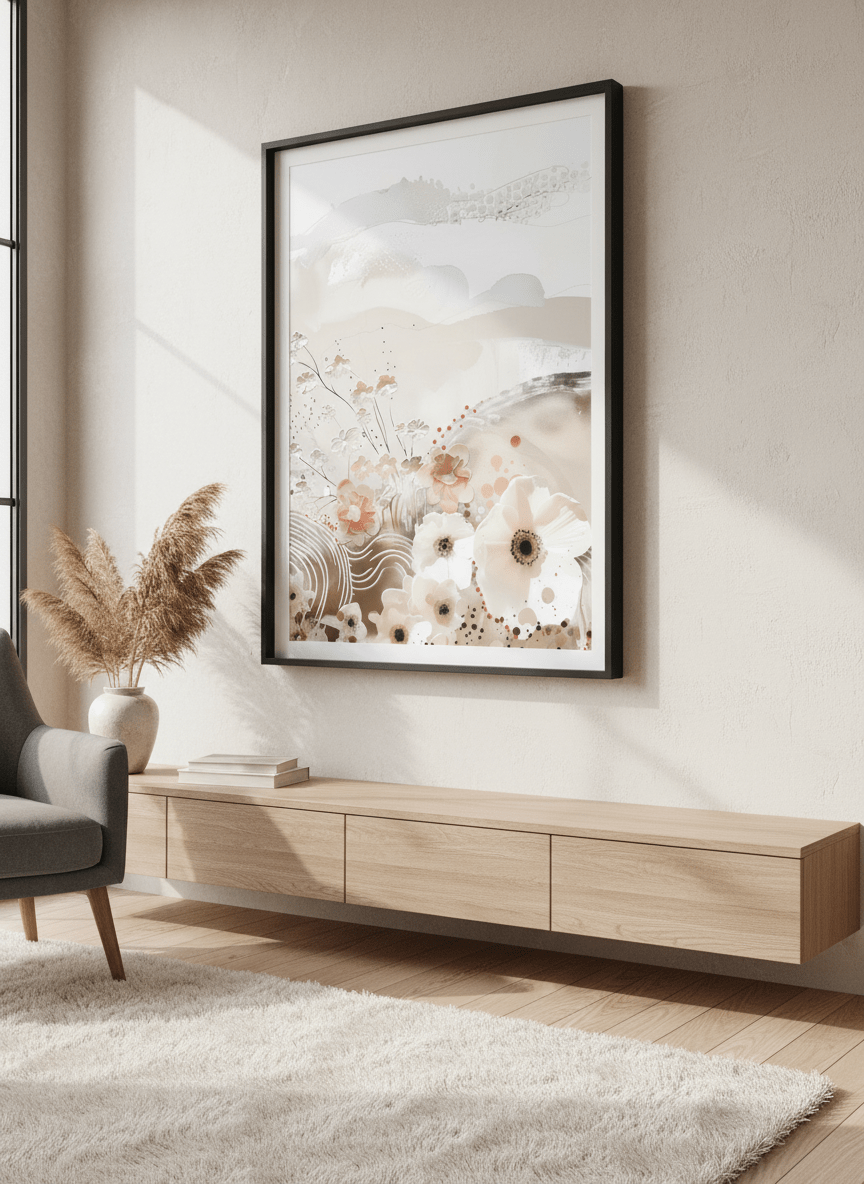 Modern wall art styled above a sofa in a neutral living room