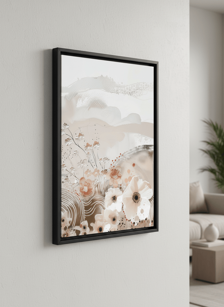 Modern wall art styled above a sofa in a neutral living room