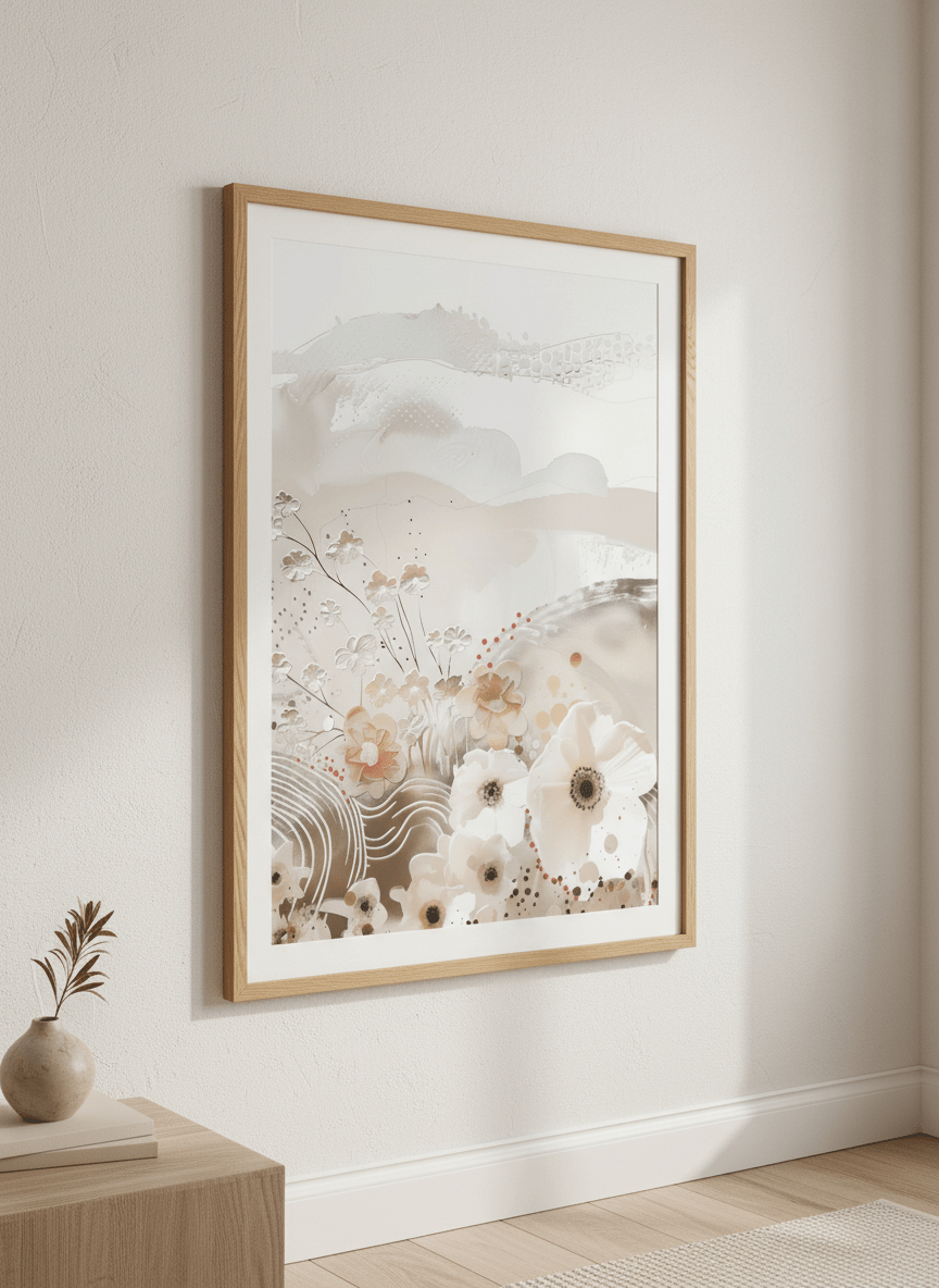 Minimalist artwork displayed in a calm, light-filled bedroom interior