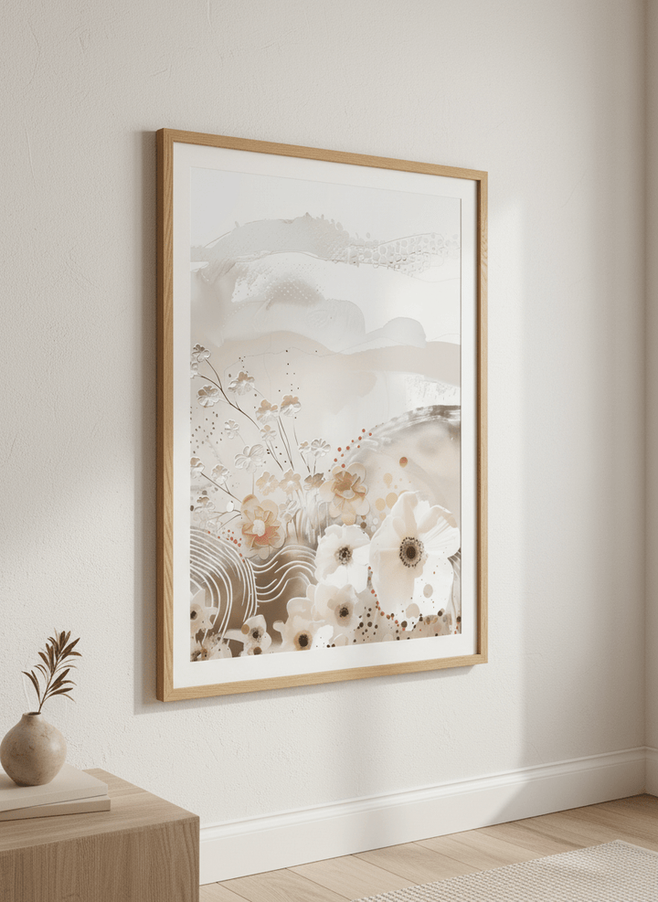 Minimalist artwork displayed in a calm, light-filled bedroom interior