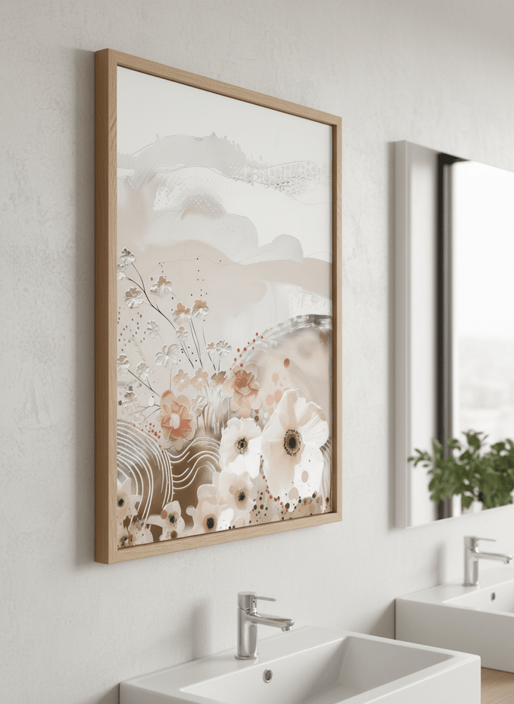 Modern print displayed in a clean minimalist bathroom setting