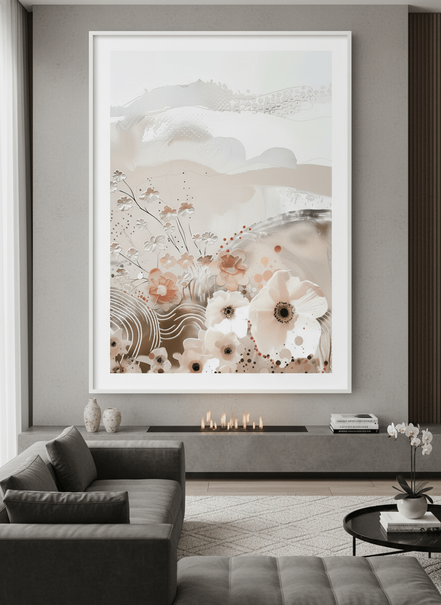Monumental artwork centred on a feature wall in a luxe interior