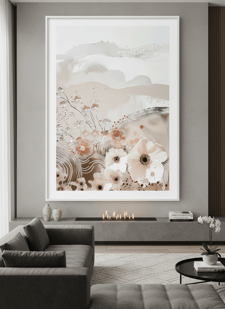 Monumental artwork centred on a feature wall in a luxe interior
