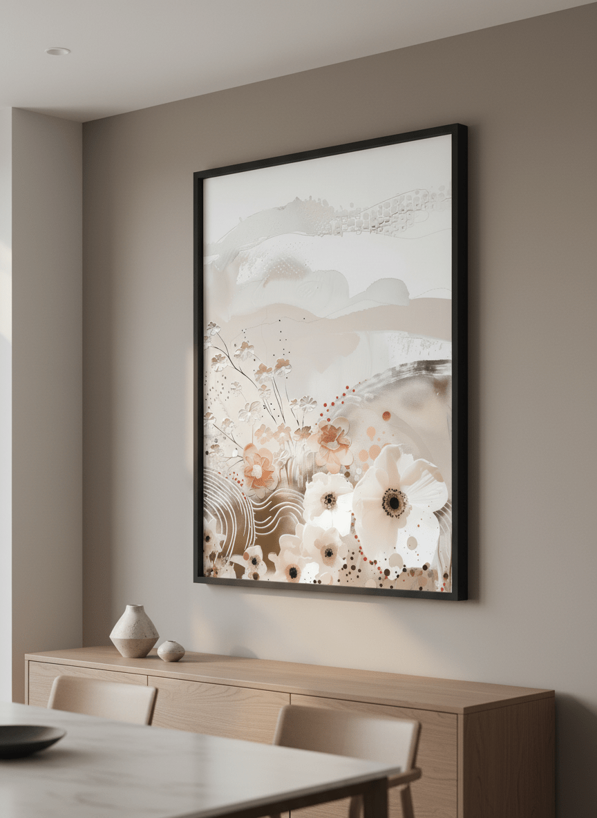 Wall art styled above a dining table in a contemporary home