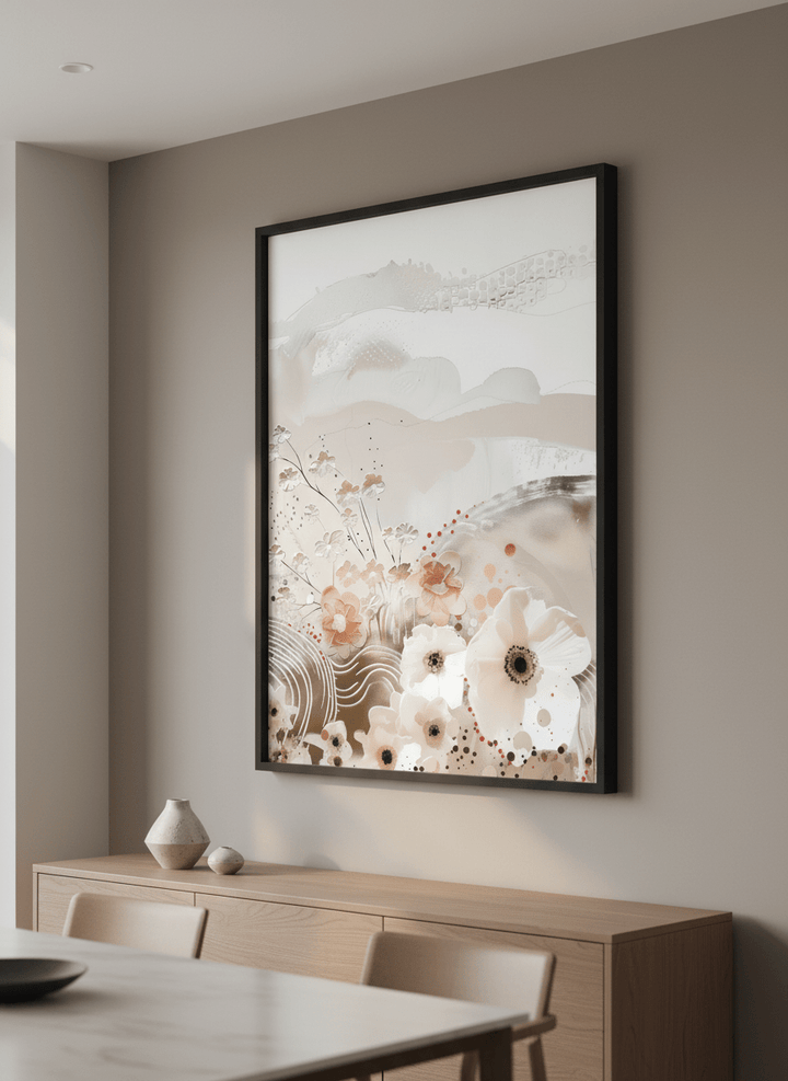 Wall art styled above a dining table in a contemporary home