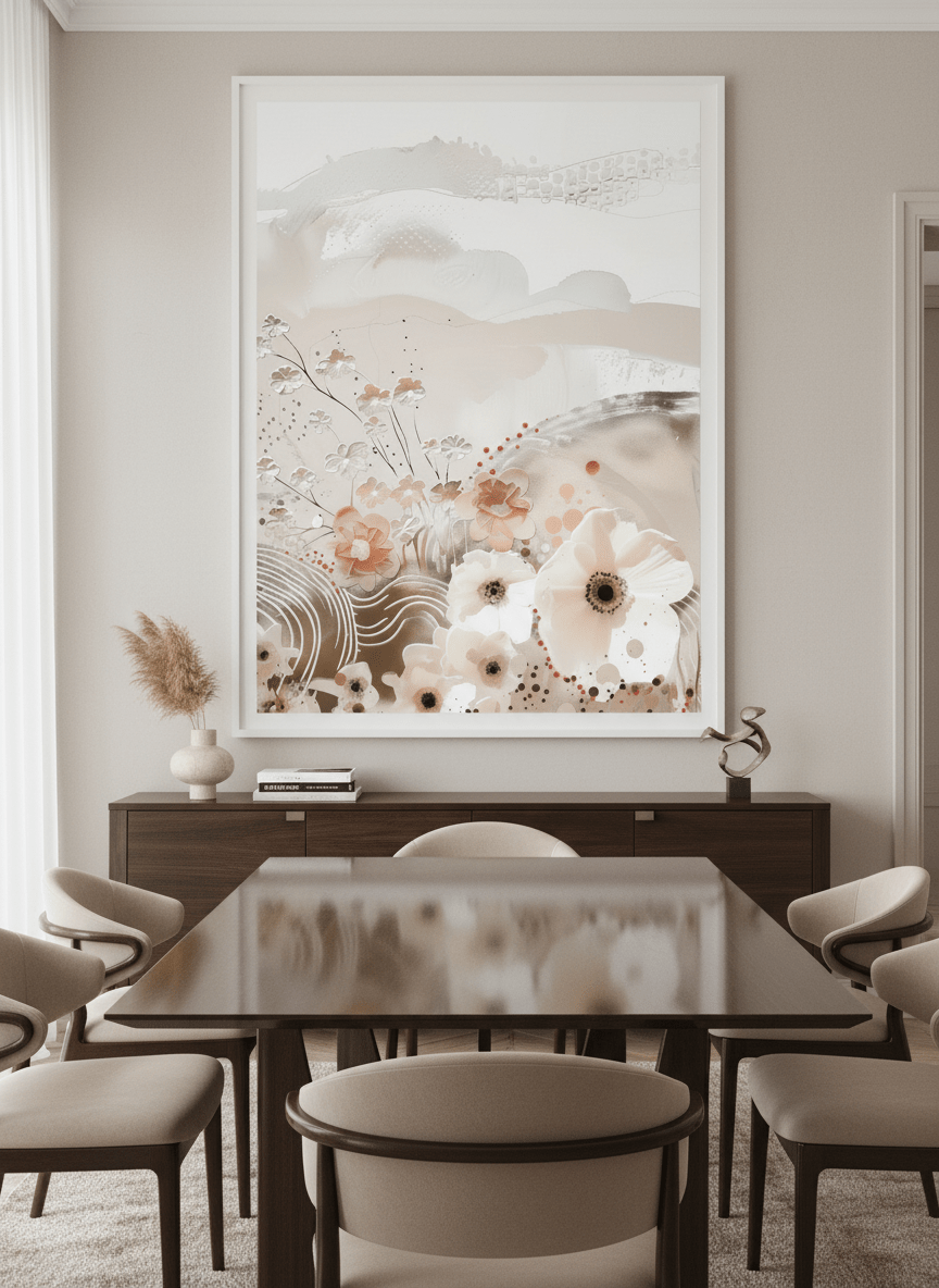 Monumental artwork centred on a feature wall in a luxe interior