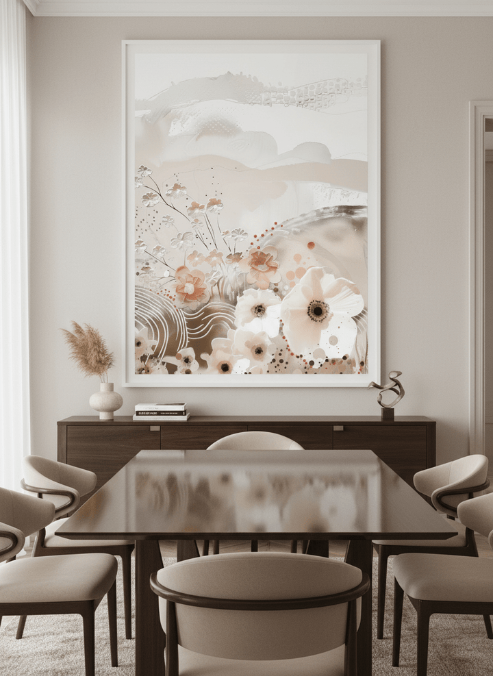 Monumental artwork centred on a feature wall in a luxe interior