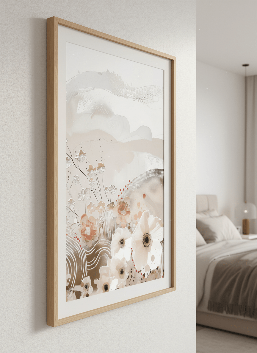 Minimalist artwork displayed in a calm, light-filled bedroom interior