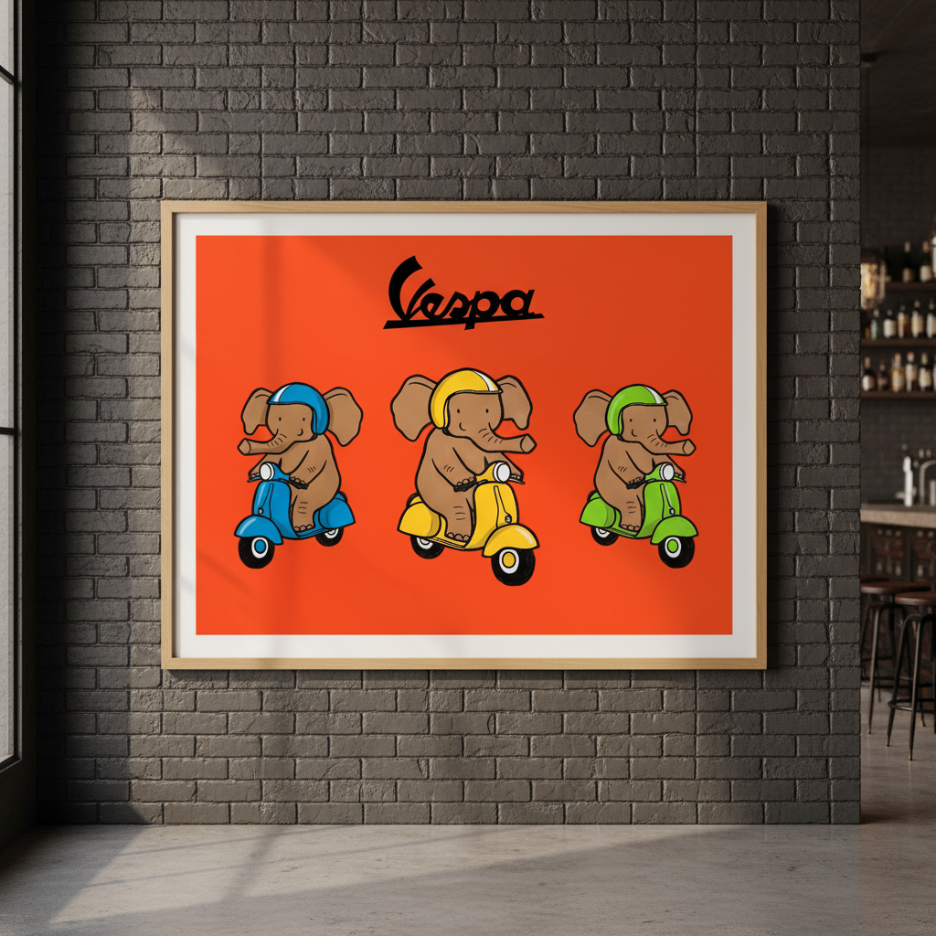 Elephant Riding Vespa Landscape Vintage Art