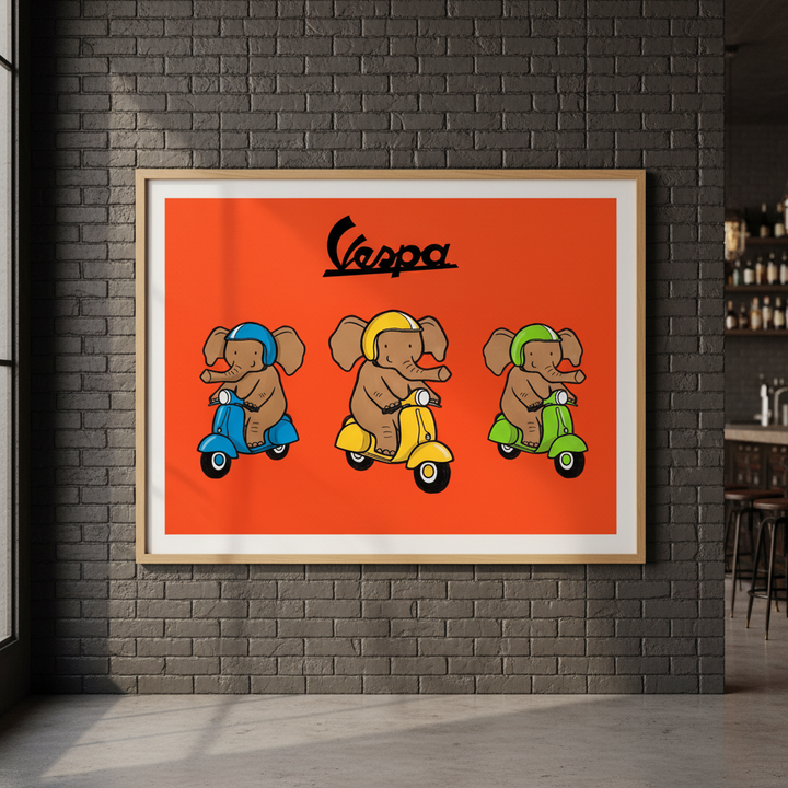 Elephant Riding Vespa Landscape Vintage Art