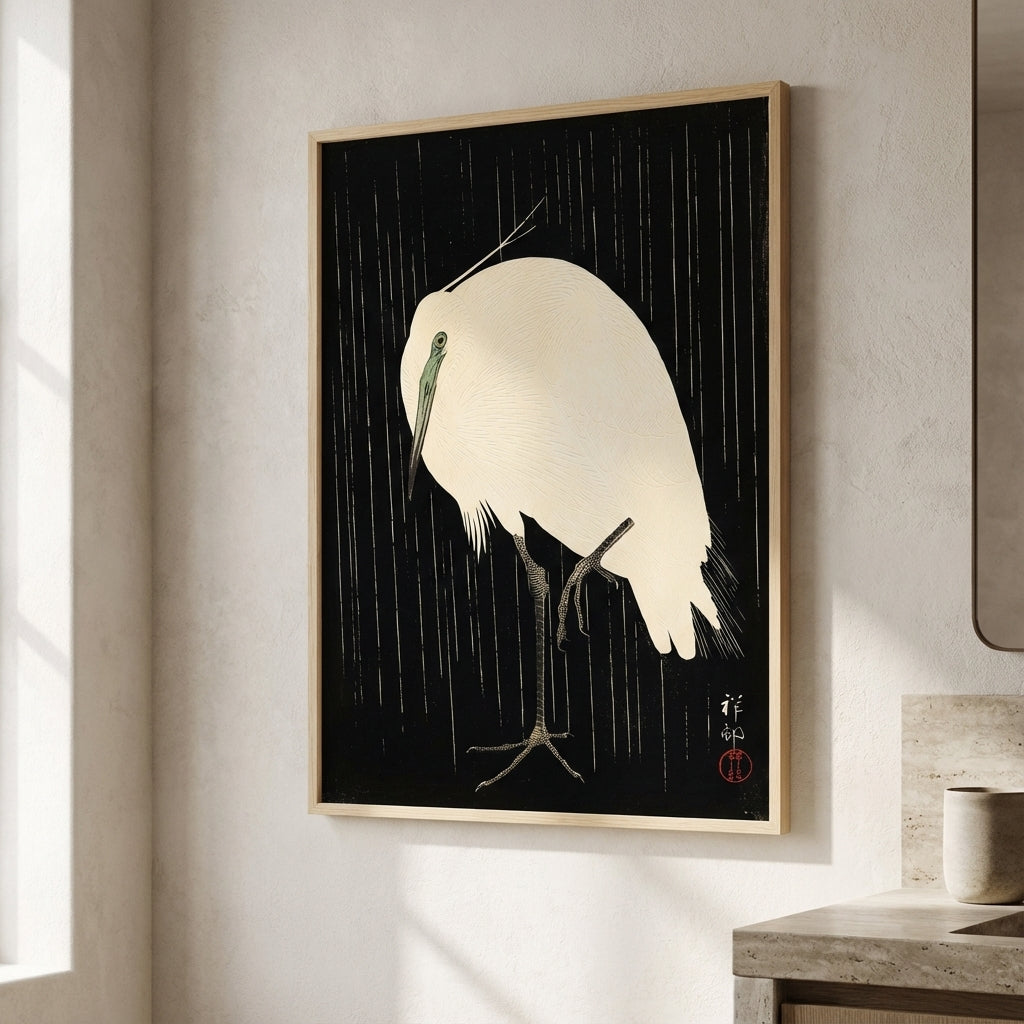 White Heron Standing in the Rain by Ohara Koson